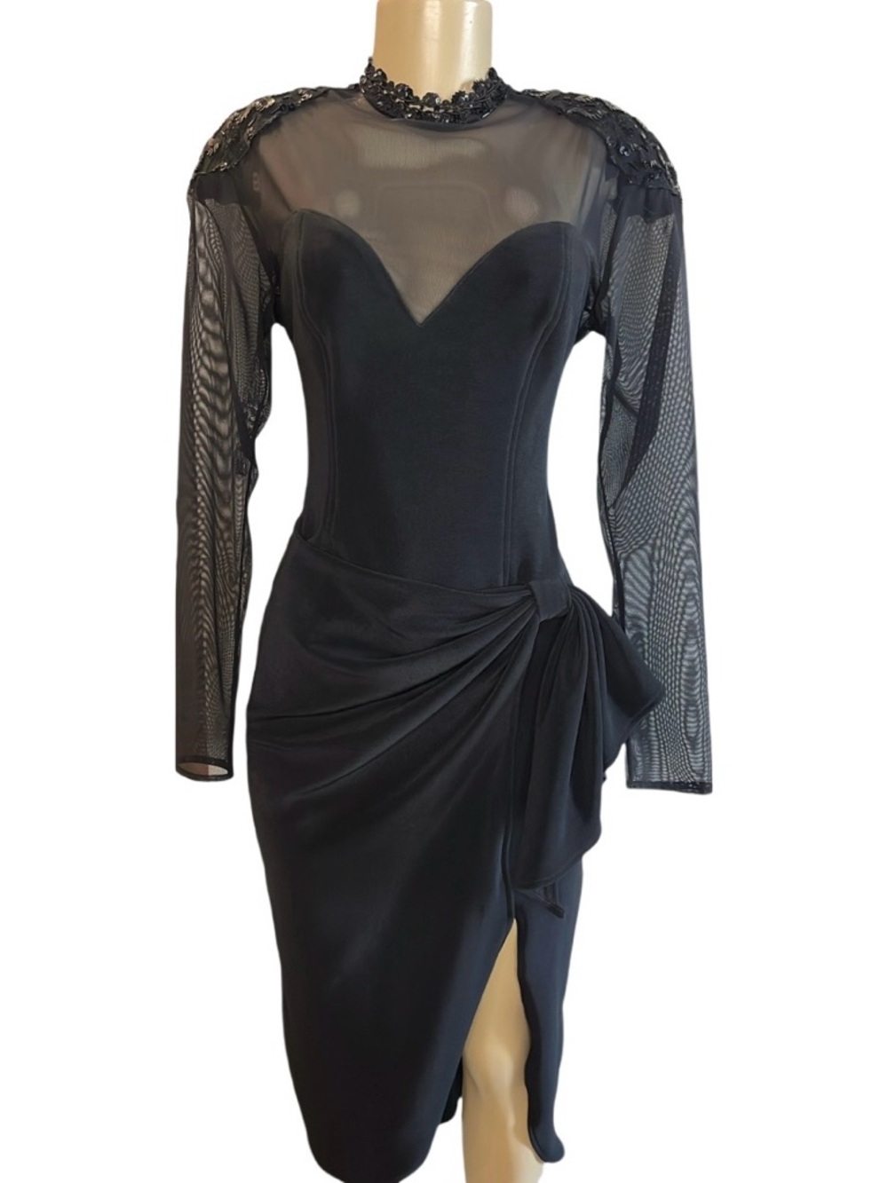 Vintage 80s Betsy & Adam Black Semi Sheer Embellished Midi Dress
